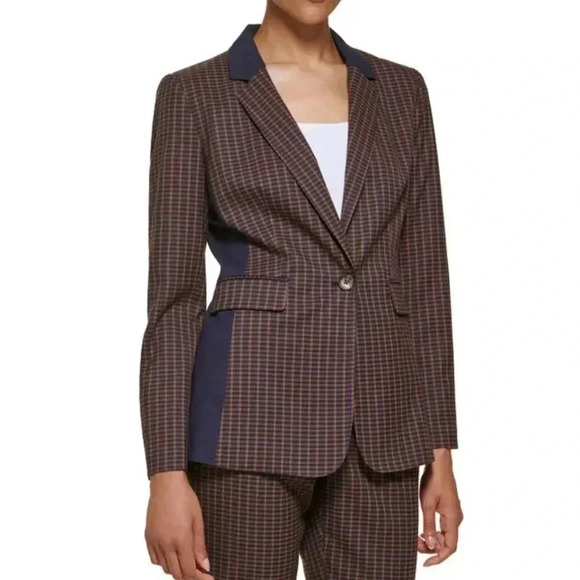 DKNY Women's Long Sleeve One Button Check Jacket Toffee Sz 6 - Picture 1 of 11
